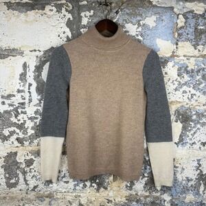 Morgan Taylor Cashmere Turtleneck Sweater Womens Small Tan Grey Colorblock